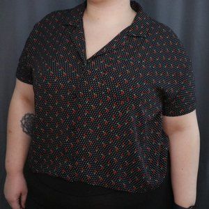Women XL Cherry and Polka Dot Print Black Sheer Button Down Cropped Collar Shirt